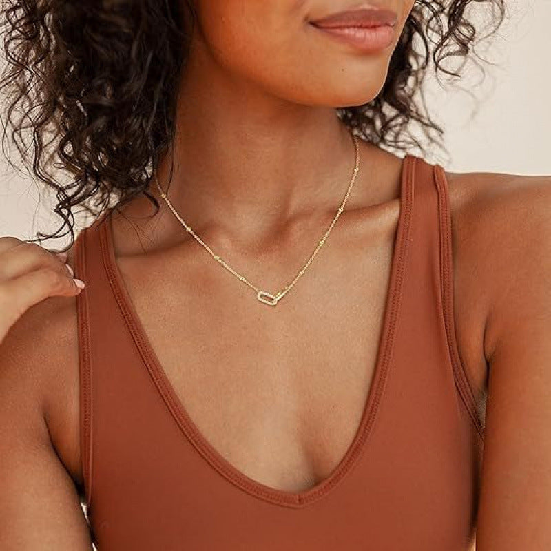 Real Gold Plated Paper Clip Pendant Necklace For Women In Brass With Zircon Inlay
