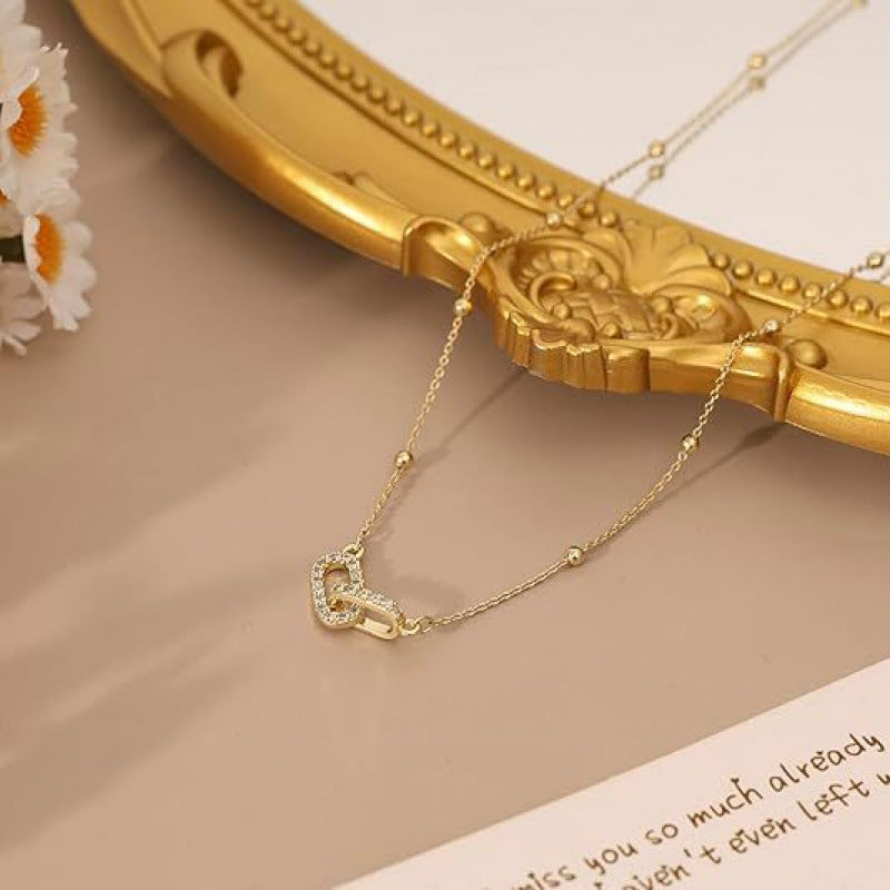 Real Gold Plated Paper Clip Pendant Necklace For Women In Brass With Zircon Inlay