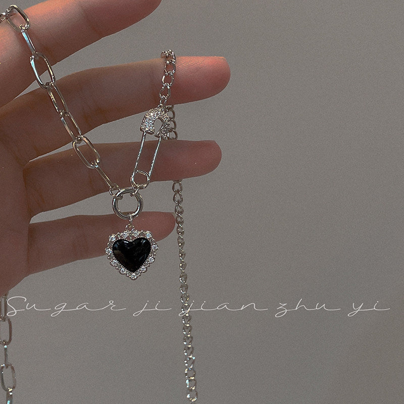 Heart Shape Necklace For Women In Dyed Black 304 Stainless Steel With Electroplated Copper Pendant And Zircon Inlay
