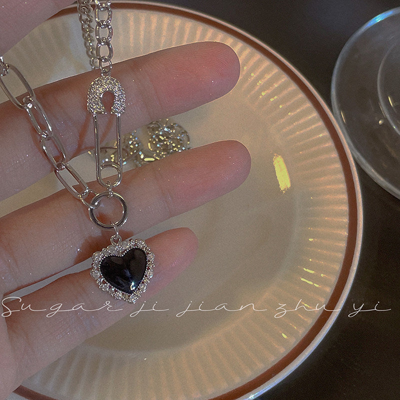 Heart Shape Necklace For Women In Dyed Black 304 Stainless Steel With Electroplated Copper Pendant And Zircon Inlay