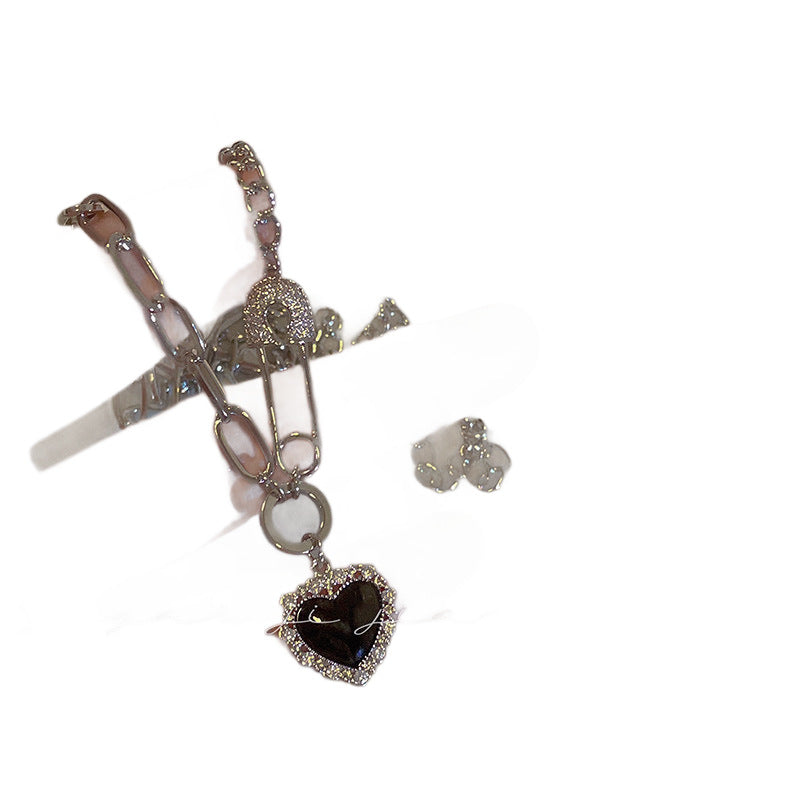 Heart Shape Necklace For Women In Dyed Black 304 Stainless Steel With Electroplated Copper Pendant And Zircon Inlay