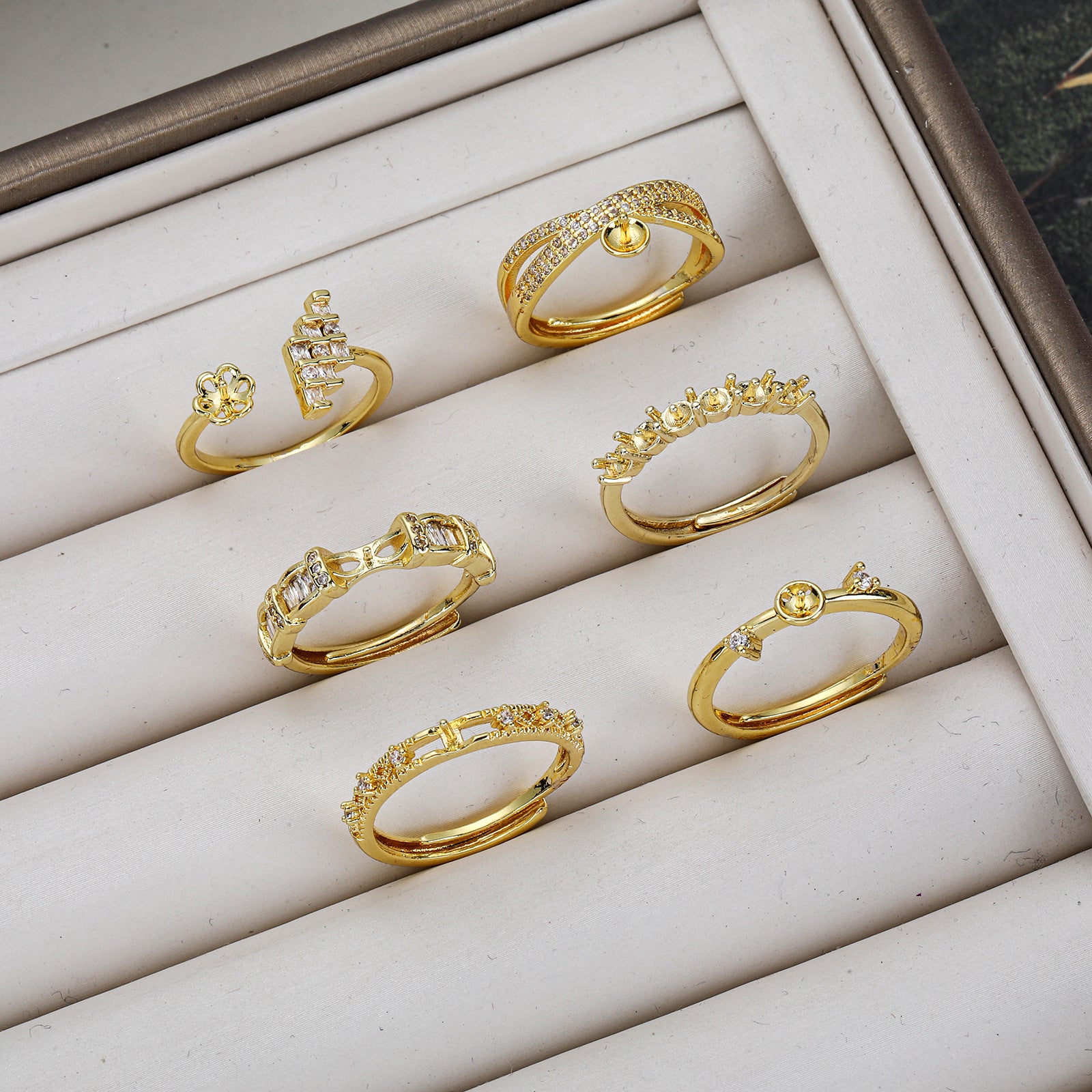 Irregular Copper Ring Setting With 18K Real Gold Electroplated Finish Featuring Zircon Inlay