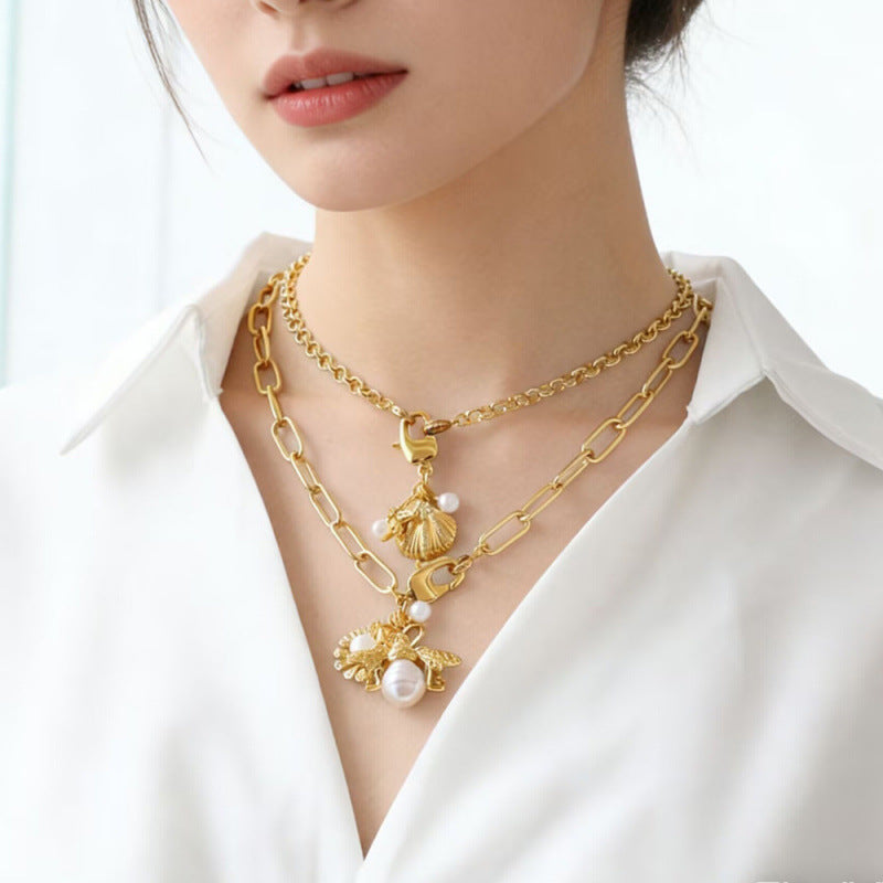 Marine Style Shell Necklace For Women In Real Gold Plated Copper With Paperclip Chain