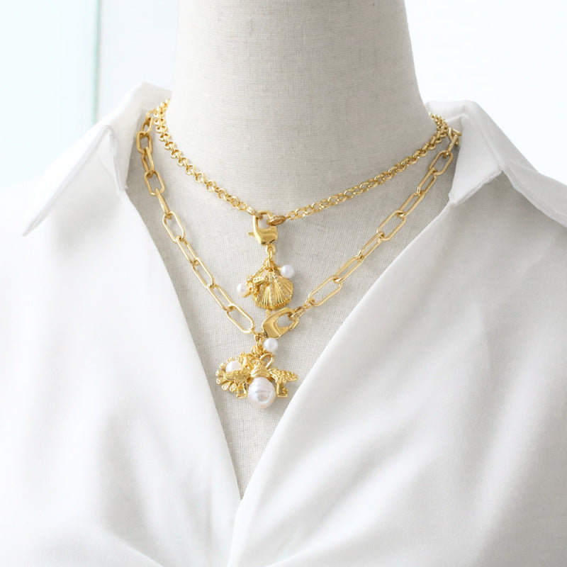 Marine Style Shell Necklace For Women In Real Gold Plated Copper With Paperclip Chain