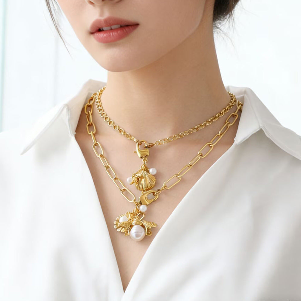 Marine Style Shell Necklace For Women In Real Gold Plated Copper With Paperclip Chain