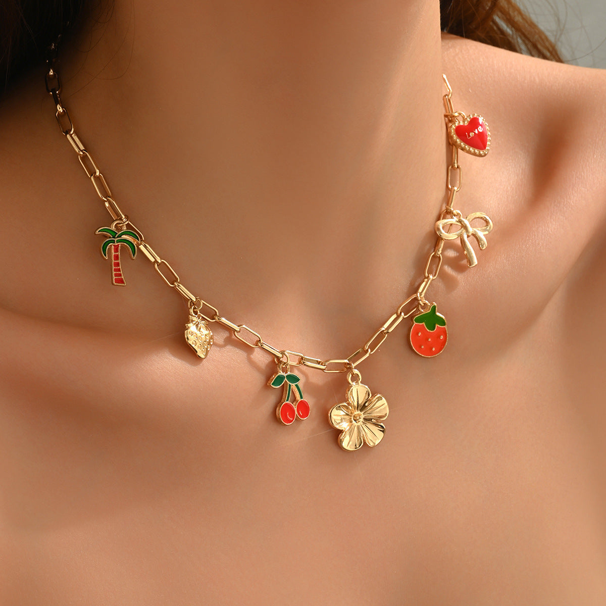 Multi Charms Necklace With Flowers Pattern For Women, Electroplated Zinc Alloy Pendant On Paperclip Chain