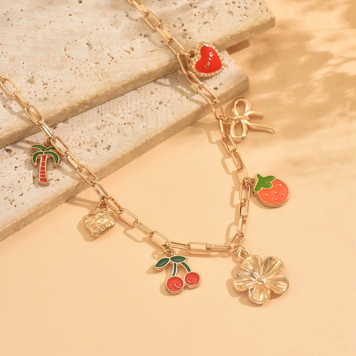 Multi Charms Necklace With Flowers Pattern For Women, Electroplated Zinc Alloy Pendant On Paperclip Chain