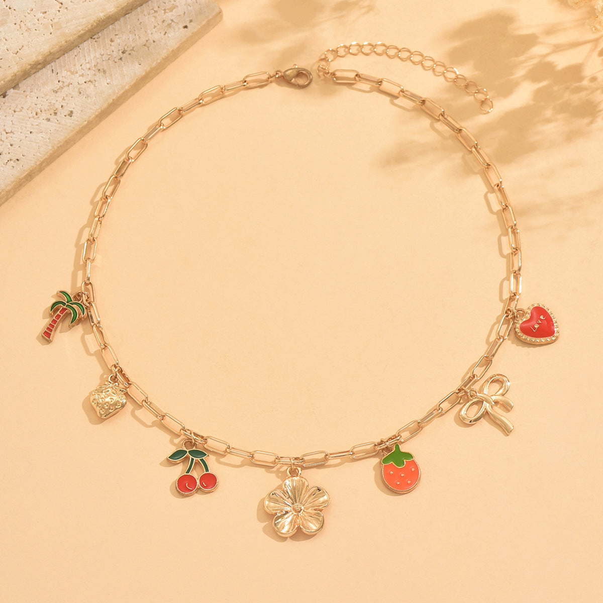 Multi Charms Necklace With Flowers Pattern For Women, Electroplated Zinc Alloy Pendant On Paperclip Chain
