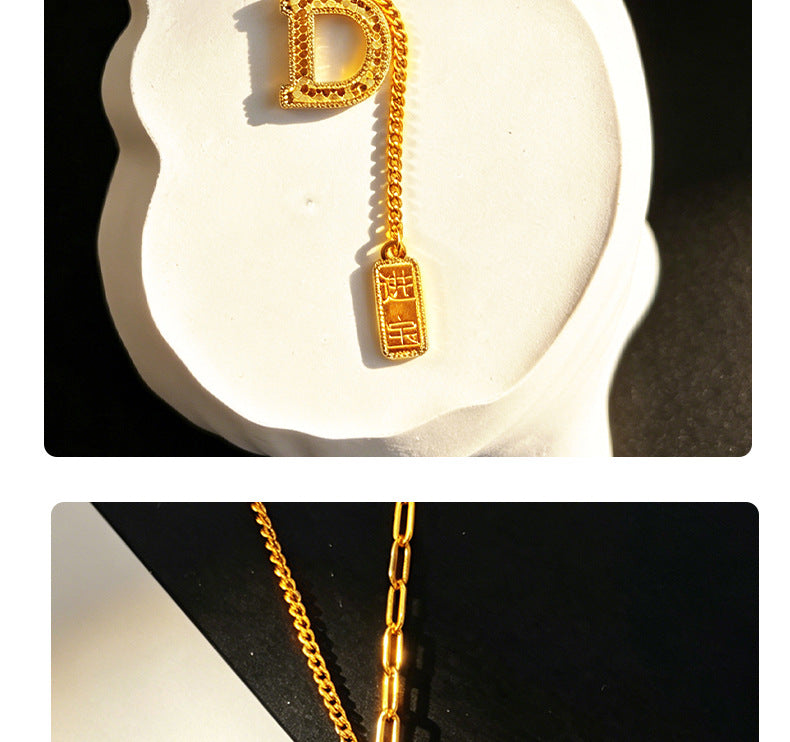Gold Letter Necklace For Women With Copper Pendant On Golden Plated Paperclip Chain