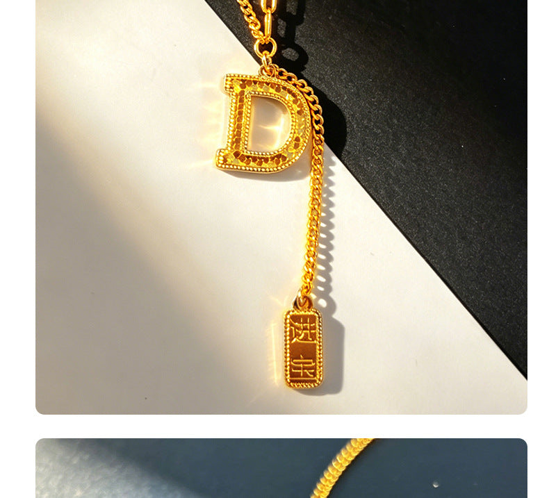 Gold Letter Necklace For Women With Copper Pendant On Golden Plated Paperclip Chain
