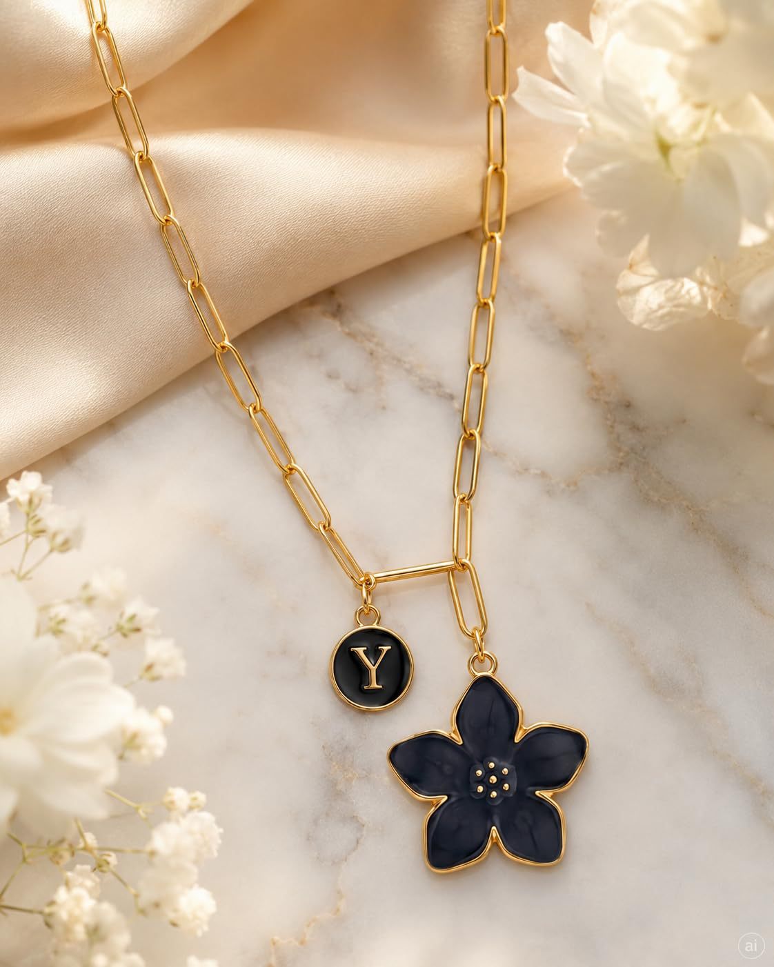 Brass Flowers Necklace For Women With Paperclip Chain, Elegant Jewelry Perfect For Wedding Occasions