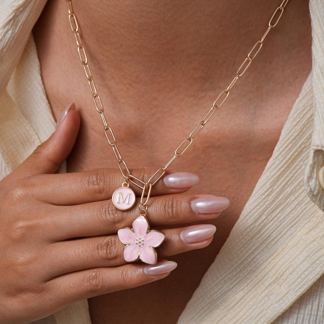 Brass Flowers Necklace For Women With Paperclip Chain, Elegant Jewelry Perfect For Wedding Occasions