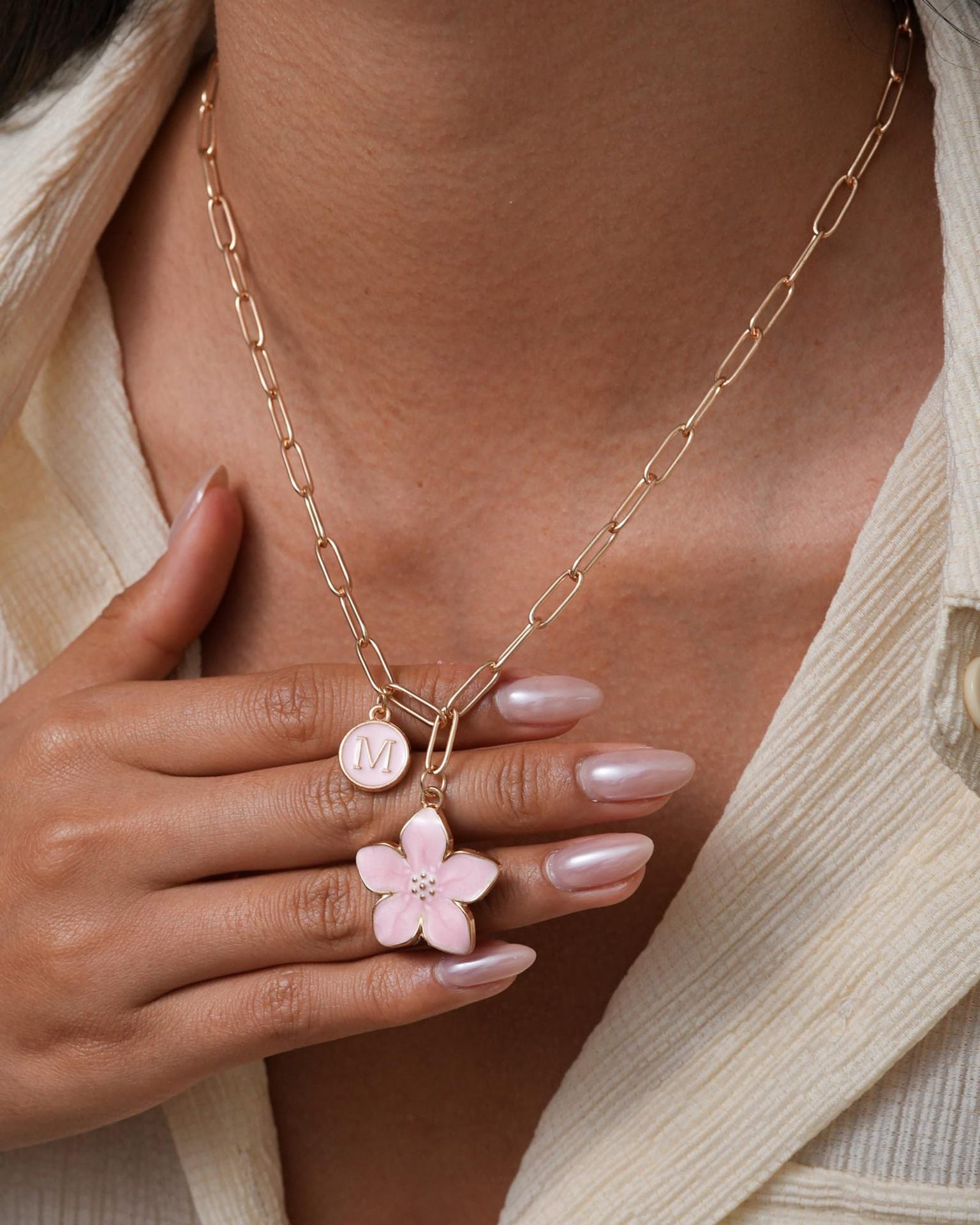 Brass Flowers Necklace For Women With Paperclip Chain, Elegant Jewelry Perfect For Wedding Occasions