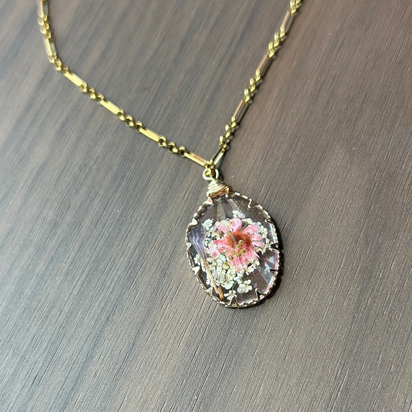 Handmade Retro Flowers Necklace For Women In Transparent 304 Stainless Steel With Artificial Crystal Inlay And Paperclip Chain