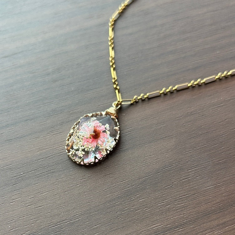 Handmade Retro Flowers Necklace For Women In Transparent 304 Stainless Steel With Artificial Crystal Inlay And Paperclip Chain