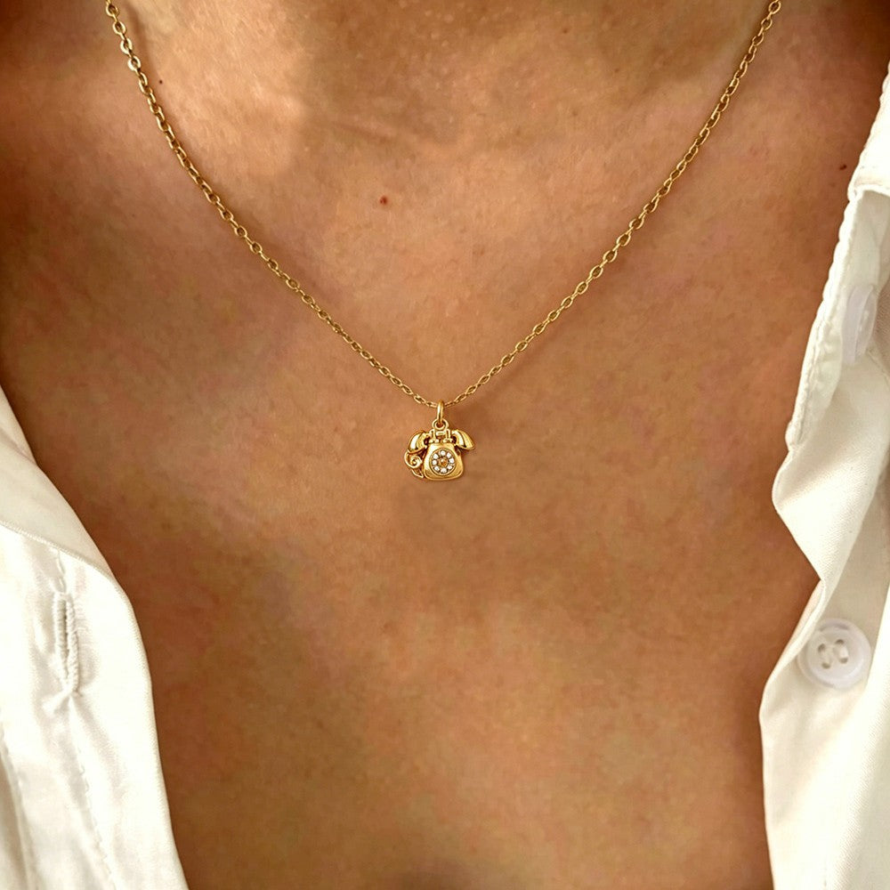 Simple Style Gold Phone Pendant Necklace For Women In Titanium Steel With Imitation Pearl On Cable Chain