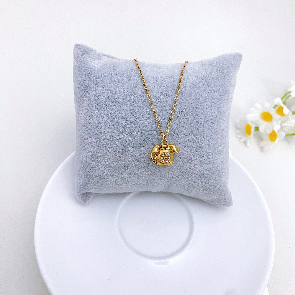 Simple Style Gold Phone Pendant Necklace For Women In Titanium Steel With Imitation Pearl On Cable Chain