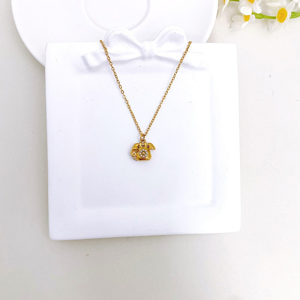 Simple Style Gold Phone Pendant Necklace For Women In Titanium Steel With Imitation Pearl On Cable Chain