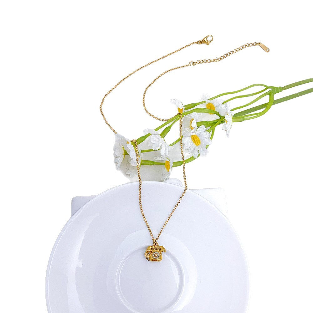 Simple Style Gold Phone Pendant Necklace For Women In Titanium Steel With Imitation Pearl On Cable Chain