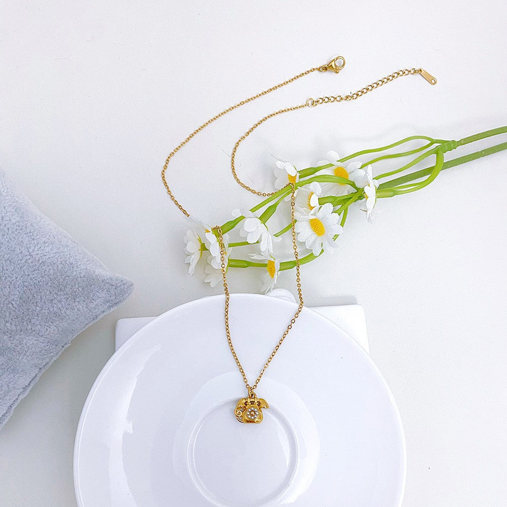 Simple Style Gold Phone Pendant Necklace For Women In Titanium Steel With Imitation Pearl On Cable Chain