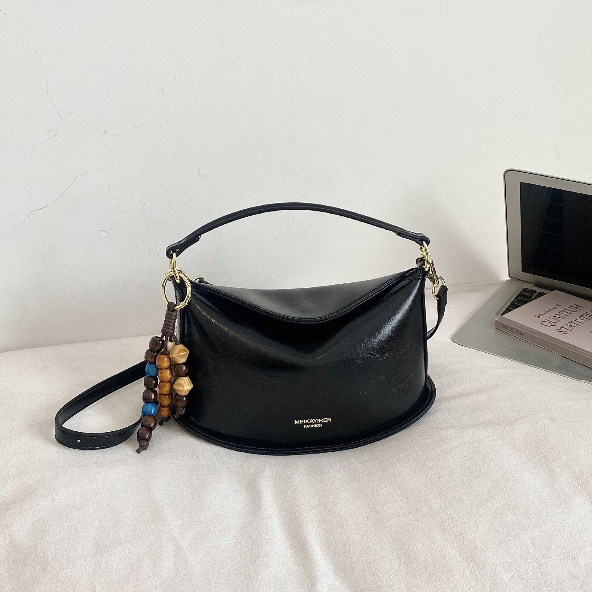 Solid Color Dumpling Shape Handbag In PU Leather With Sewing Thread Detail, Featuring Top Handle For  Autumn And Winter