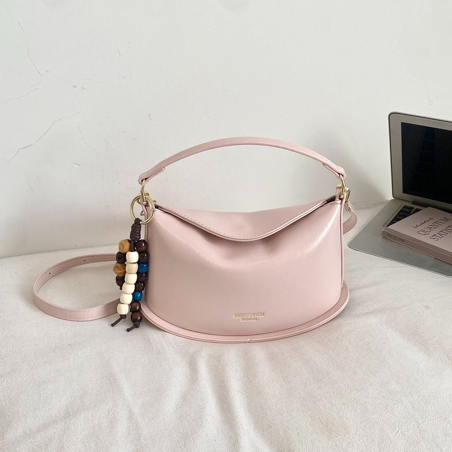 Solid Color Dumpling Shape Handbag In PU Leather With Sewing Thread Detail, Featuring Top Handle For  Autumn And Winter