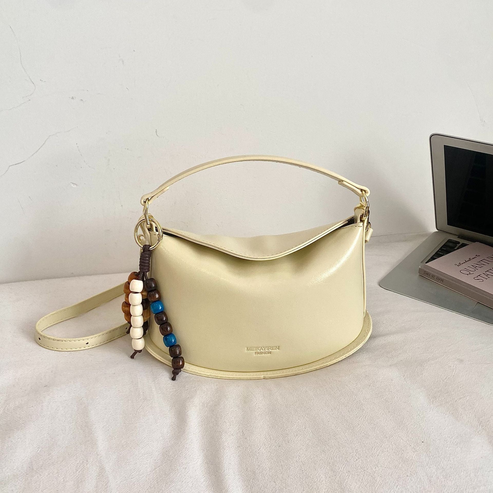 Solid Color Dumpling Shape Handbag In PU Leather With Sewing Thread Detail, Featuring Top Handle For  Autumn And Winter