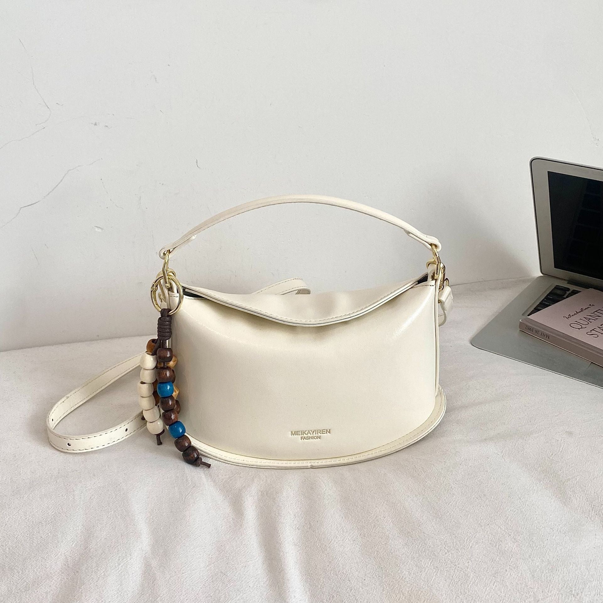 Solid Color Dumpling Shape Handbag In PU Leather With Sewing Thread Detail, Featuring Top Handle For  Autumn And Winter