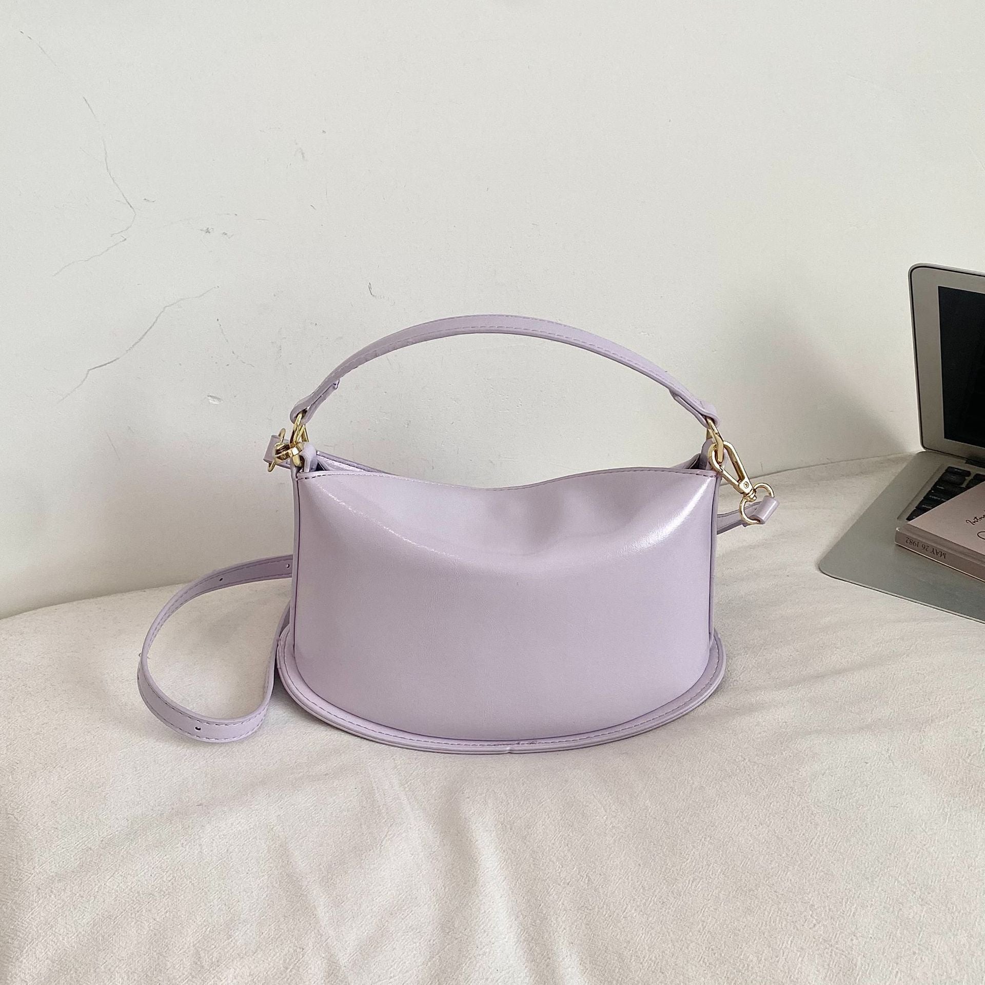 Solid Color Dumpling Shape Handbag In PU Leather With Sewing Thread Detail, Featuring Top Handle For  Autumn And Winter