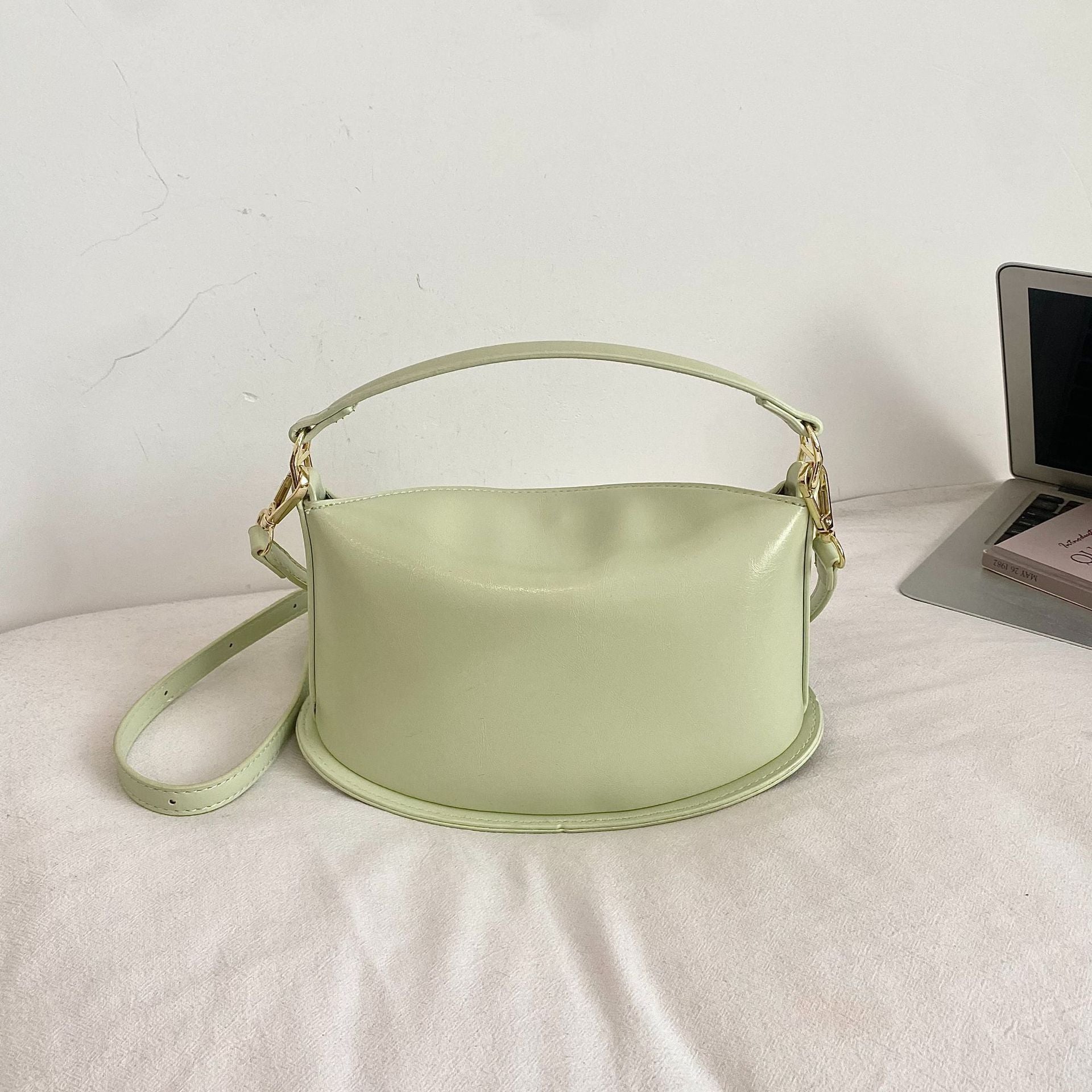 Solid Color Dumpling Shape Handbag In PU Leather With Sewing Thread Detail, Featuring Top Handle For  Autumn And Winter