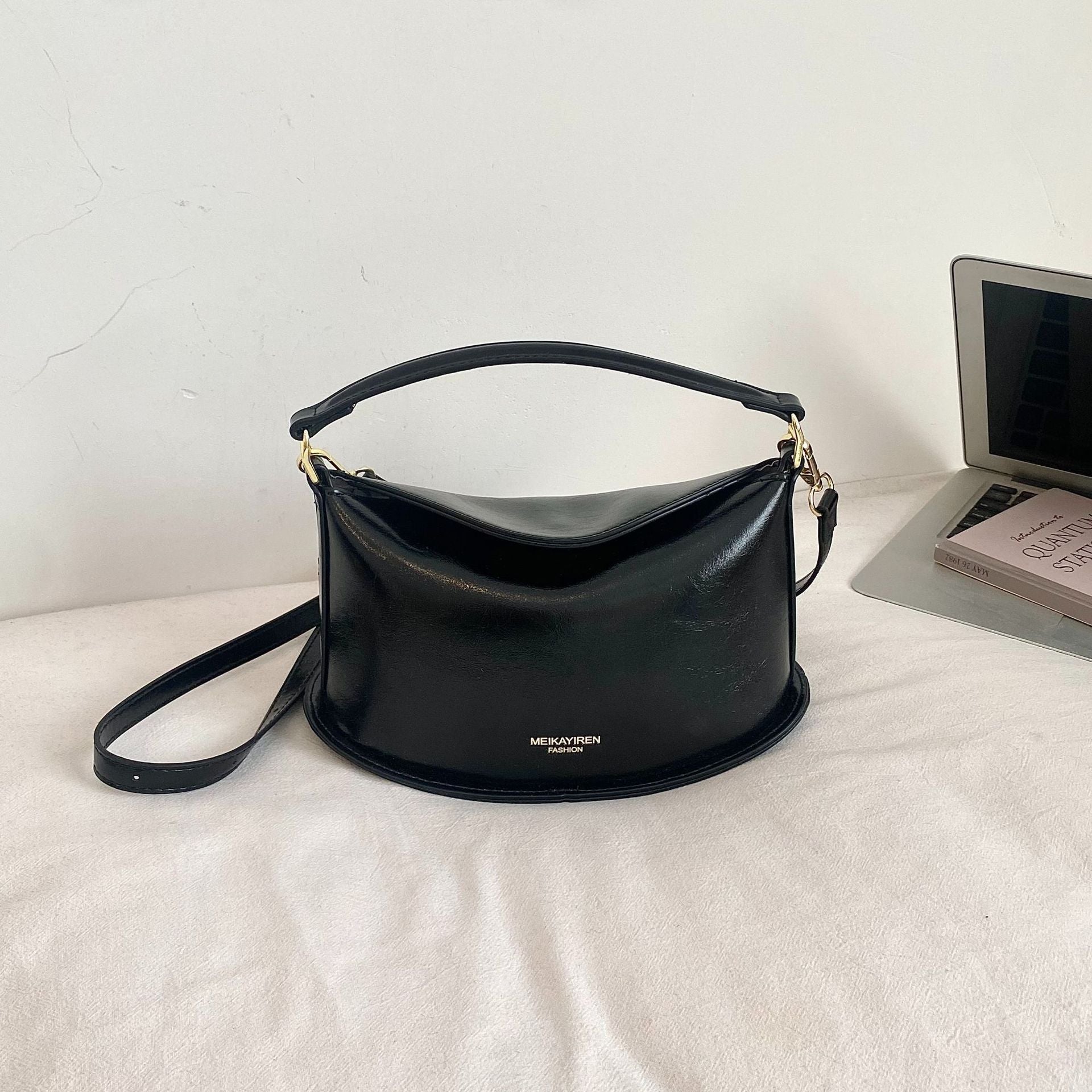 Solid Color Dumpling Shape Handbag In PU Leather With Sewing Thread Detail, Featuring Top Handle For  Autumn And Winter