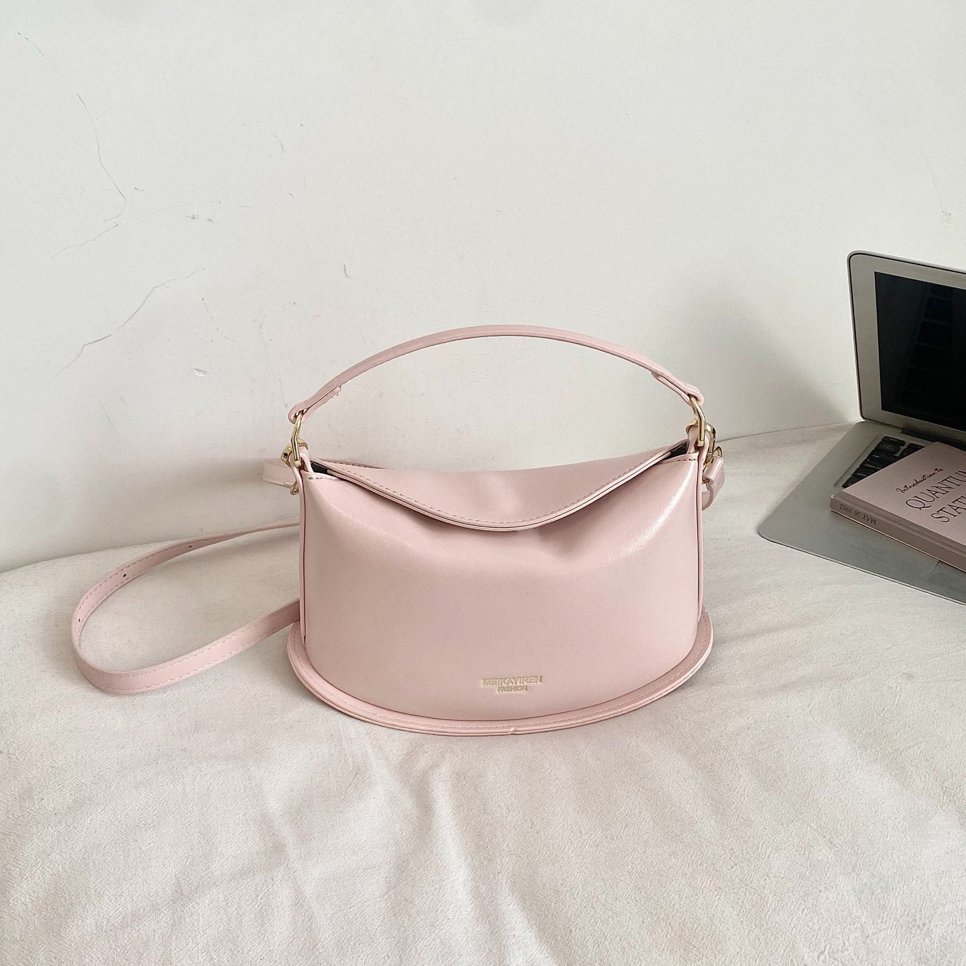 Solid Color Dumpling Shape Handbag In PU Leather With Sewing Thread Detail, Featuring Top Handle For  Autumn And Winter