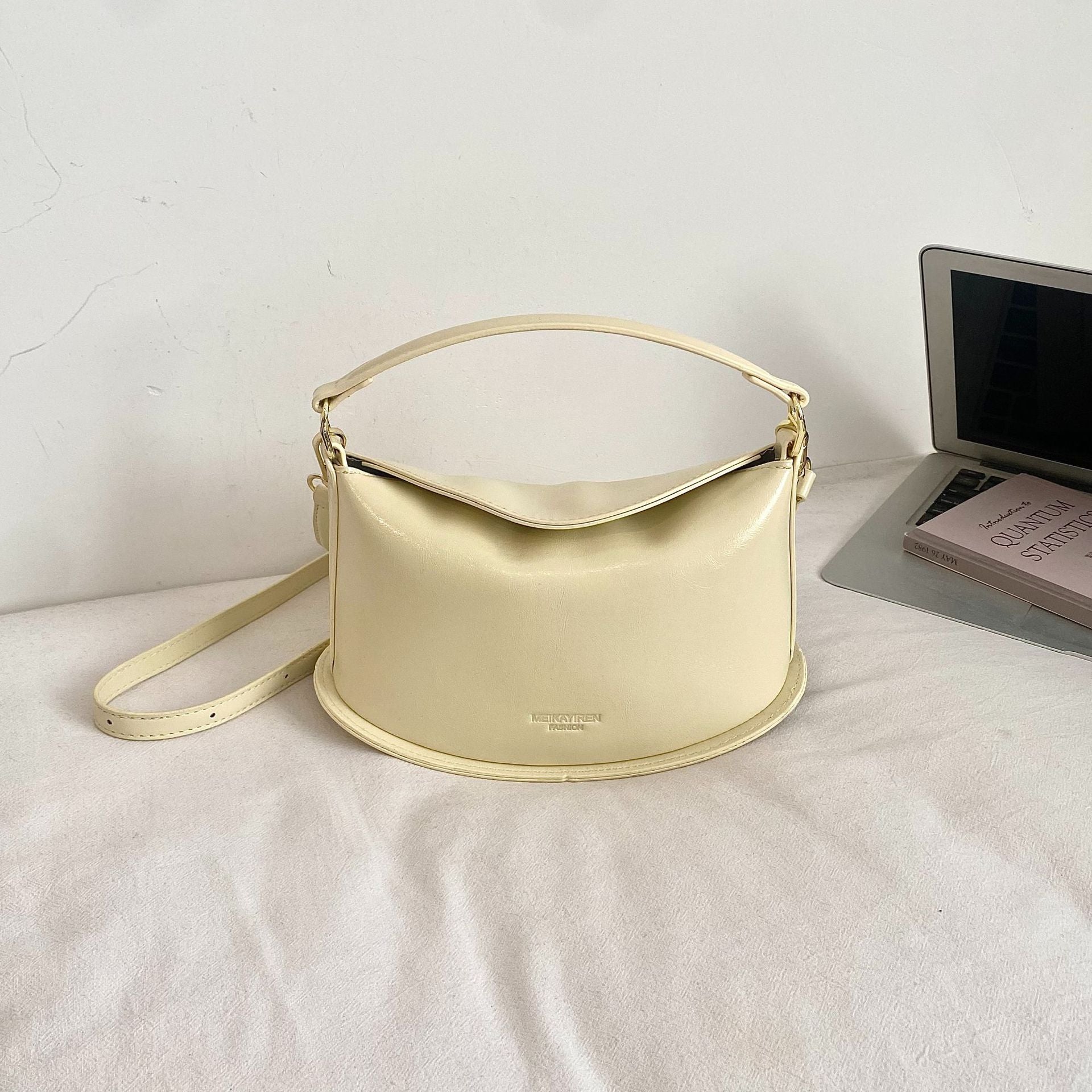 Solid Color Dumpling Shape Handbag In PU Leather With Sewing Thread Detail, Featuring Top Handle For  Autumn And Winter
