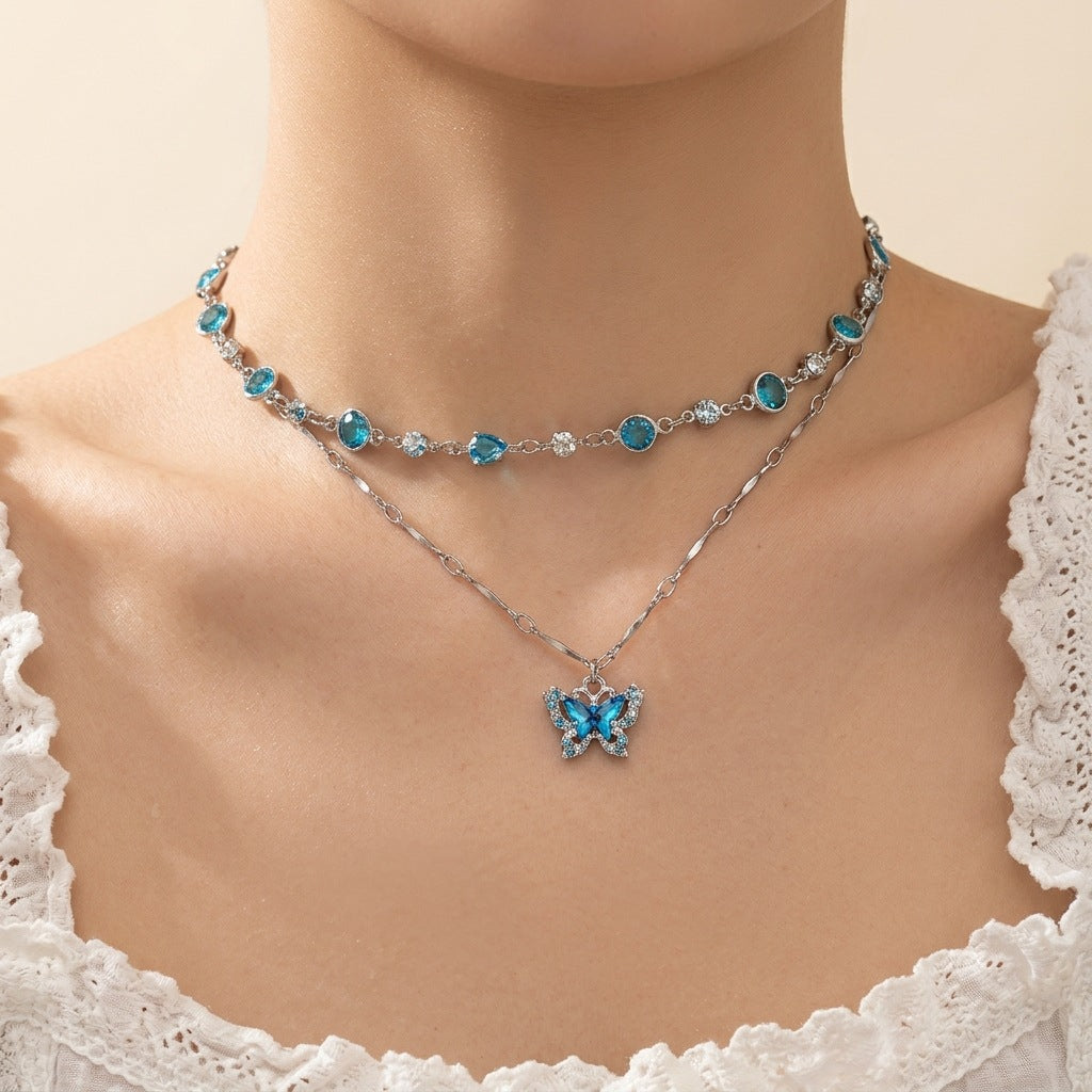 Butterfly Double Layer Necklace For Women With Alloy Chain And Pendant, Electroplated Finish