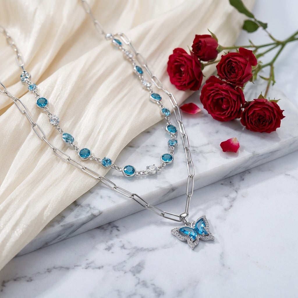 Butterfly Double Layer Necklace For Women With Alloy Chain And Pendant, Electroplated Finish