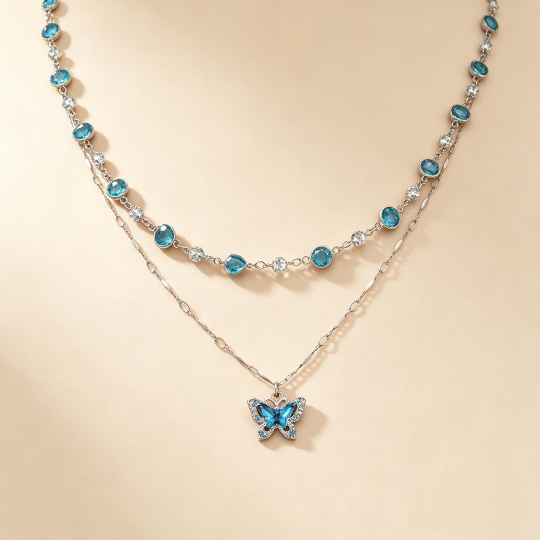 Butterfly Double Layer Necklace For Women With Alloy Chain And Pendant, Electroplated Finish