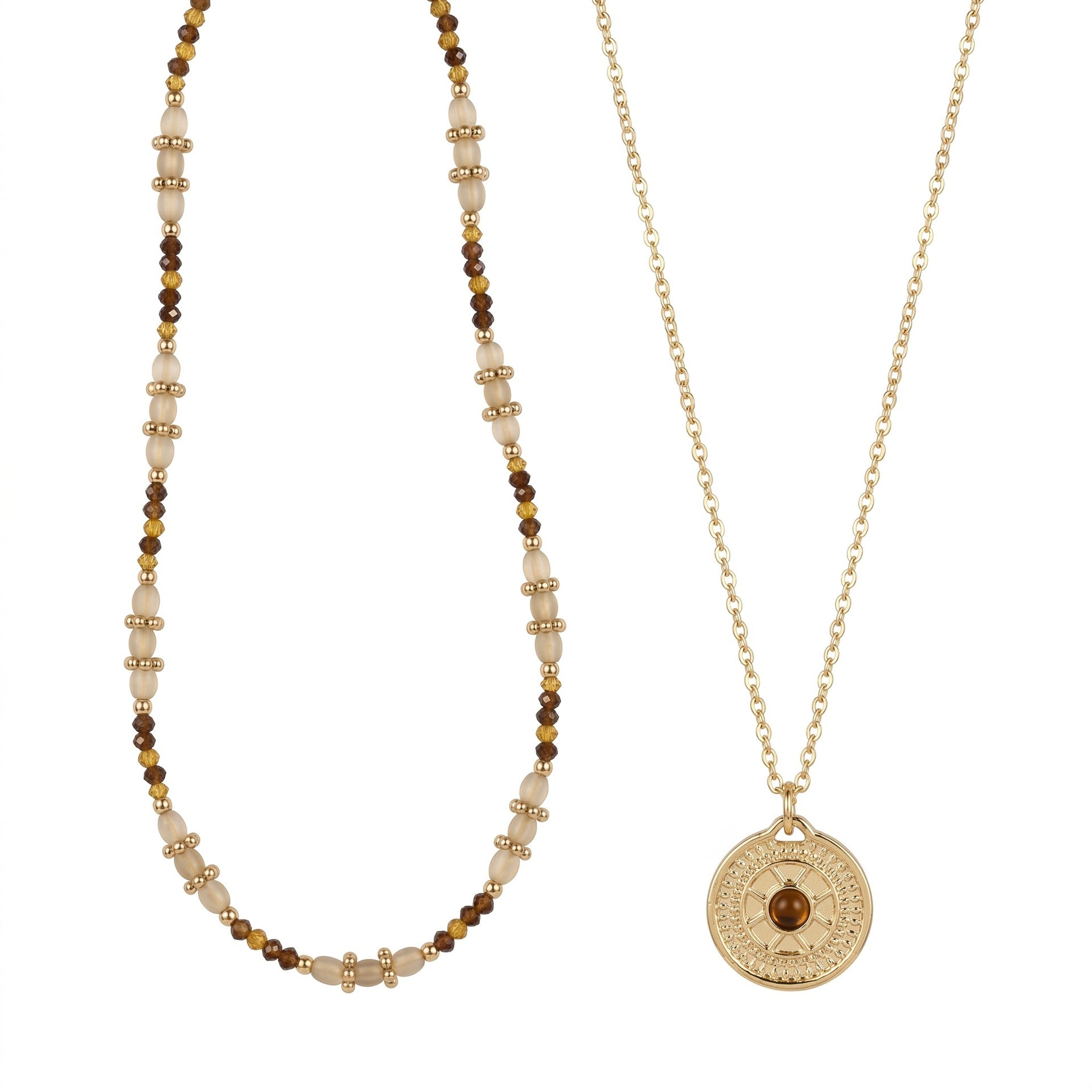 Maillard Style Beaded Shell Necklace For Women Featuring Alloy Pendant With Tiger Eye Inlay