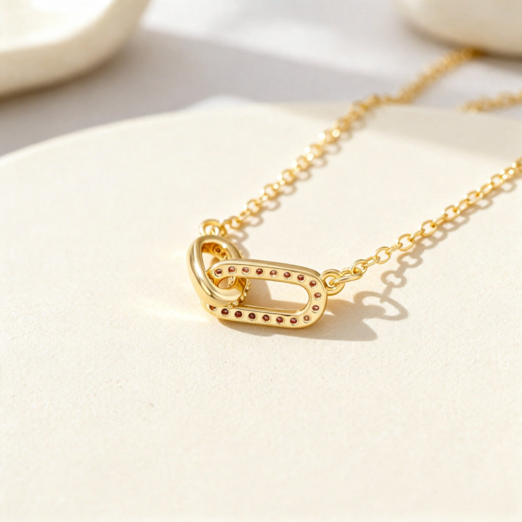Copper Paper Clip Necklace For Women Featuring Zircon Inlay On A Paperclip Chain