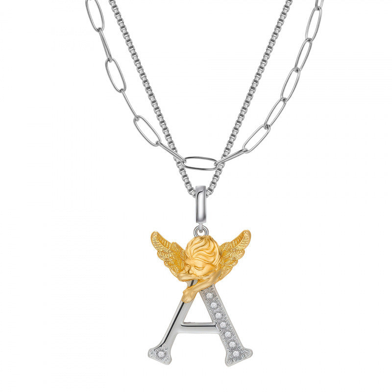 Multicolor Layered Letter Necklaces For Unisex Featuring Copper Pendant With Zircon Inlay On Paperclip Chain