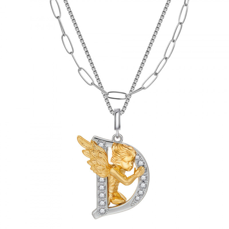 Multicolor Layered Letter Necklaces For Unisex Featuring Copper Pendant With Zircon Inlay On Paperclip Chain