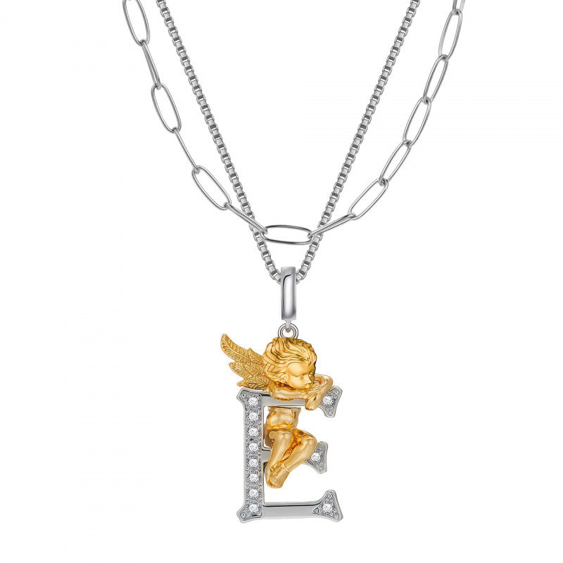 Multicolor Layered Letter Necklaces For Unisex Featuring Copper Pendant With Zircon Inlay On Paperclip Chain