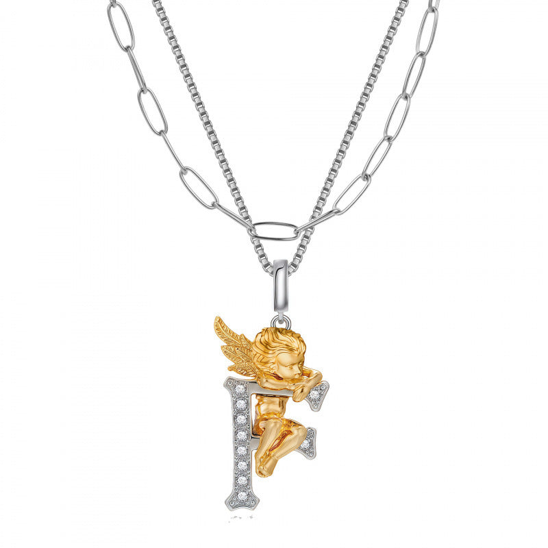 Multicolor Layered Letter Necklaces For Unisex Featuring Copper Pendant With Zircon Inlay On Paperclip Chain