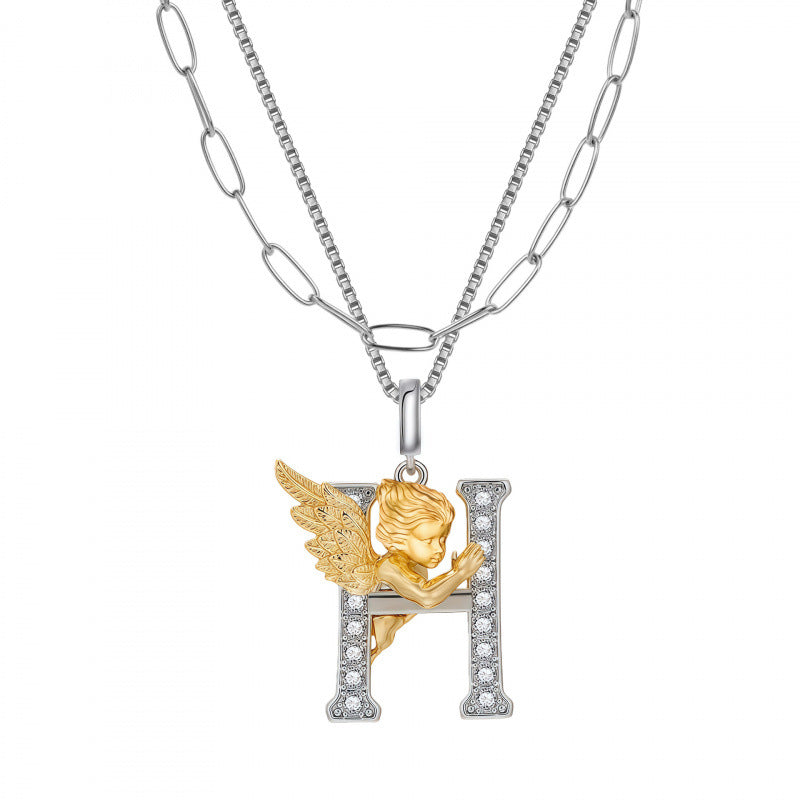 Multicolor Layered Letter Necklaces For Unisex Featuring Copper Pendant With Zircon Inlay On Paperclip Chain