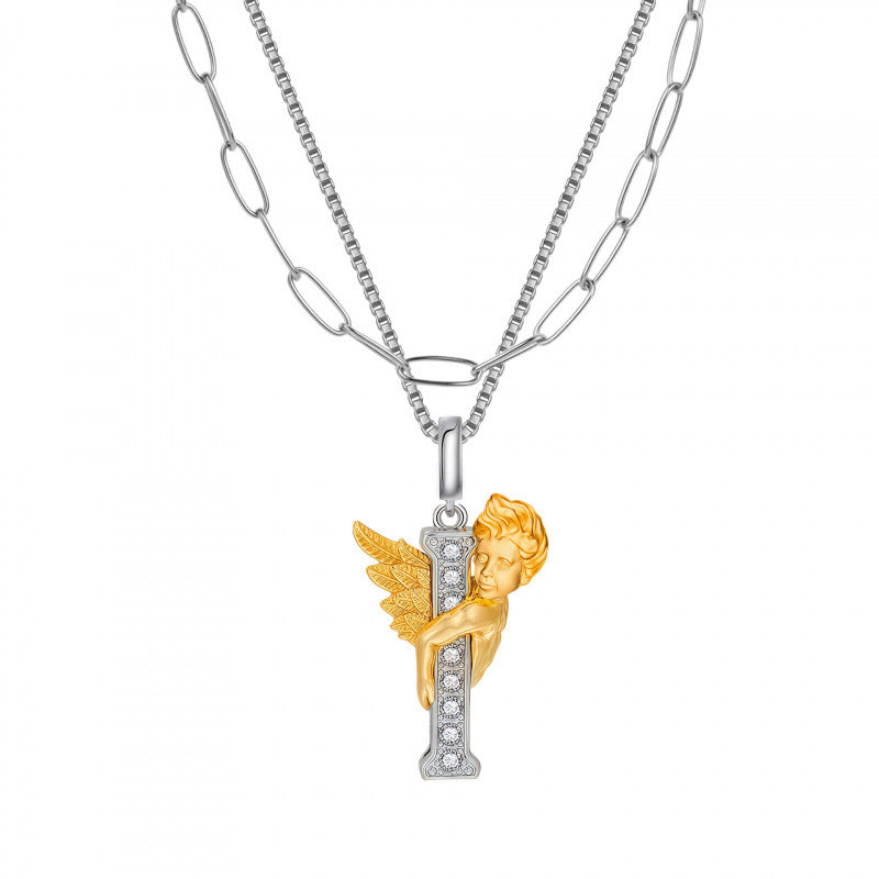 Multicolor Layered Letter Necklaces For Unisex Featuring Copper Pendant With Zircon Inlay On Paperclip Chain