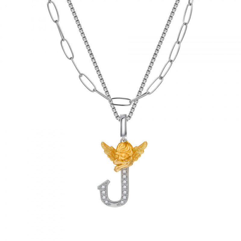 Multicolor Layered Letter Necklaces For Unisex Featuring Copper Pendant With Zircon Inlay On Paperclip Chain