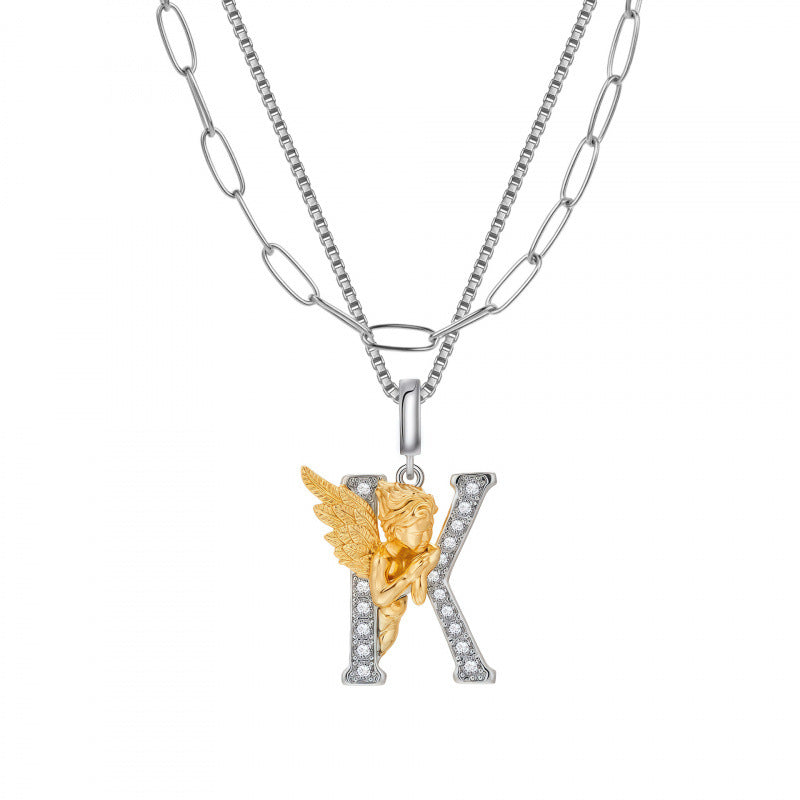 Multicolor Layered Letter Necklaces For Unisex Featuring Copper Pendant With Zircon Inlay On Paperclip Chain