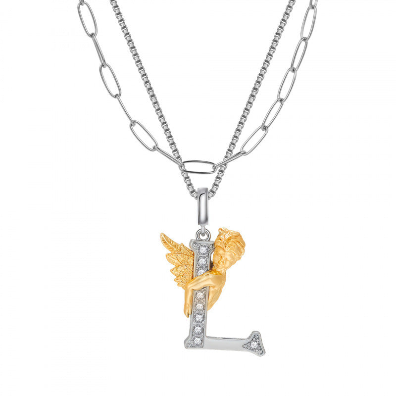 Multicolor Layered Letter Necklaces For Unisex Featuring Copper Pendant With Zircon Inlay On Paperclip Chain