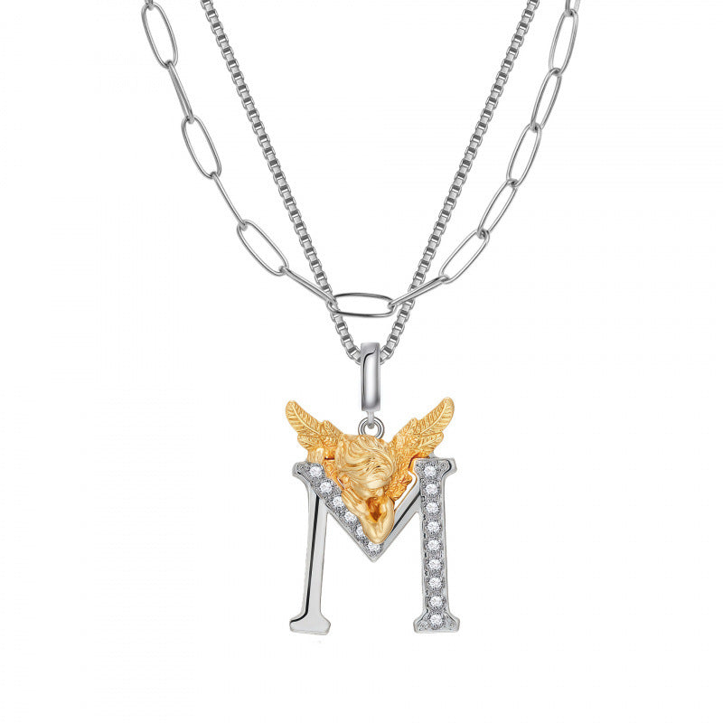 Multicolor Layered Letter Necklaces For Unisex Featuring Copper Pendant With Zircon Inlay On Paperclip Chain