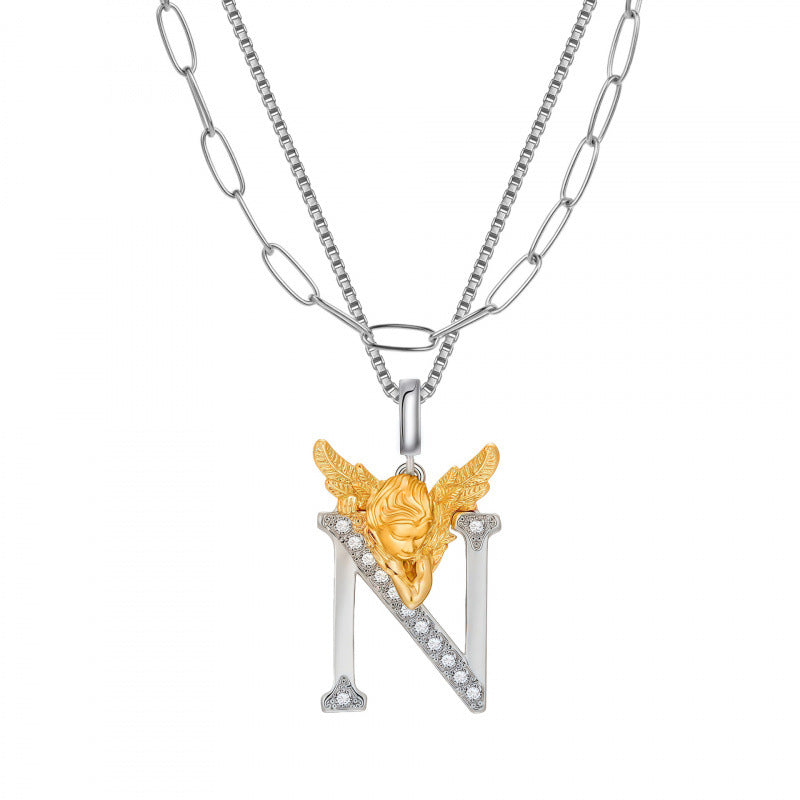 Multicolor Layered Letter Necklaces For Unisex Featuring Copper Pendant With Zircon Inlay On Paperclip Chain