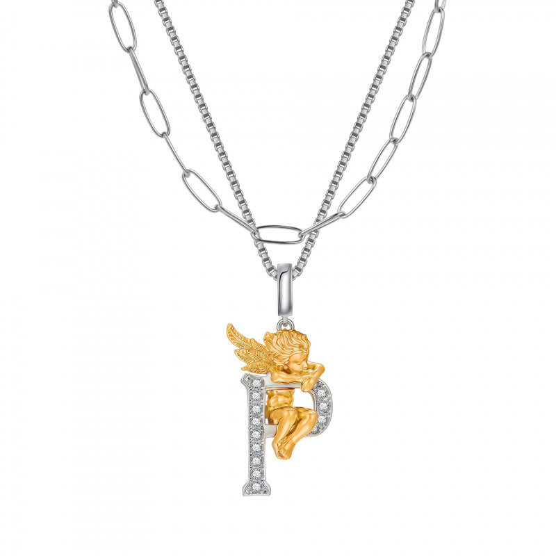 Multicolor Layered Letter Necklaces For Unisex Featuring Copper Pendant With Zircon Inlay On Paperclip Chain